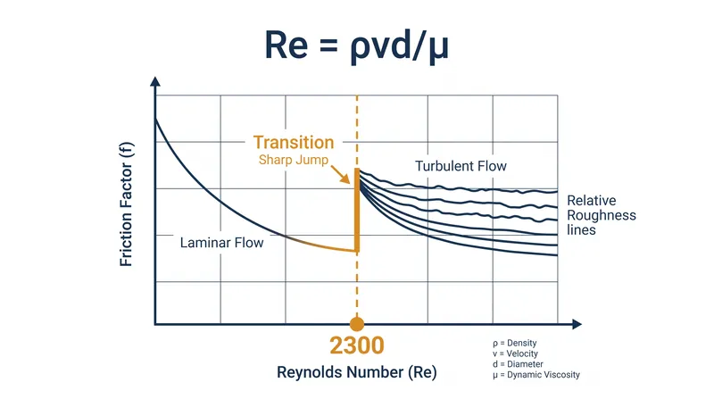 The friction factor spikes dramatically as flow crosses the Re ≈ 2300 threshold.