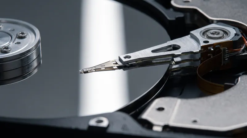 Close-up of a metallic internal hard drive platter and the read/write head actuator arm.