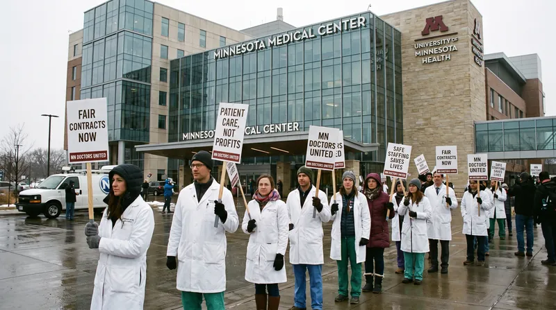 Doctors in white coats holding picket signs outside a modern hospital building during a labor strike.