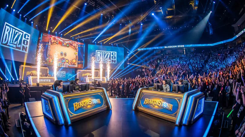 Two brightly lit player booths facing each other on a large esports stage with a crowd in the background.