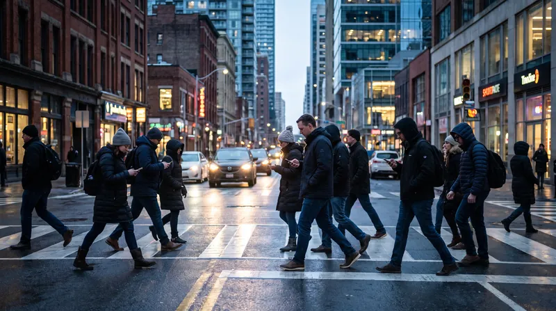 A dense crowd of pedestrians crossing a city street at dusk, looking in different directions.