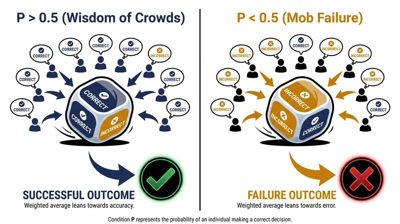 The theorem acts as a mathematical multiplier: it amplifies whatever the baseline individual probability is, driving it toward absolute certainty or absolute failure.