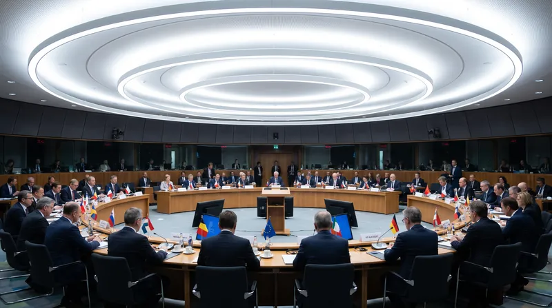 Interior view of the European Council chamber with national flags and ministers seated at a circular desk arrangement.