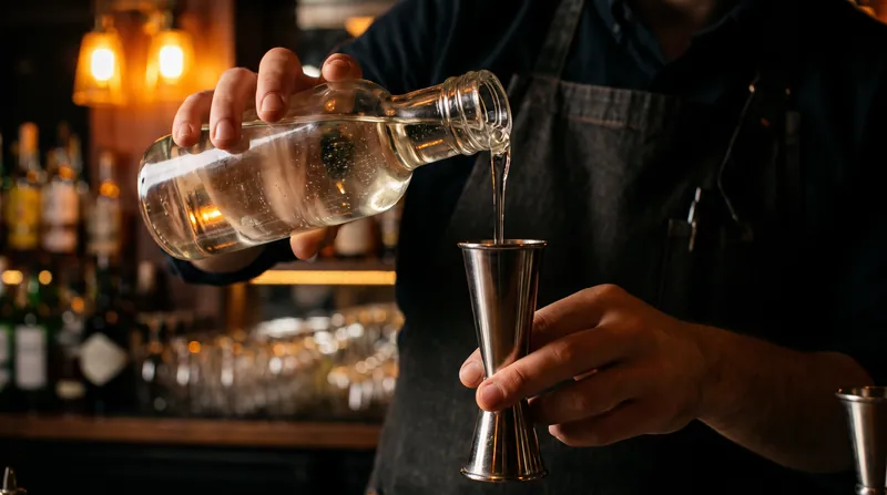 A bartender pours a thick, clear syrup from a glass bottle into a metal measuring jigger.