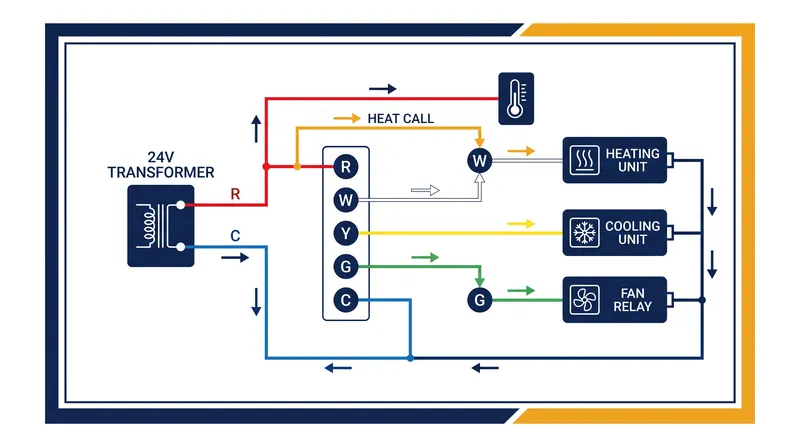 A standard five-wire configuration relies on the C-wire to complete the 24-volt circuit without triggering the heating or cooling relays.