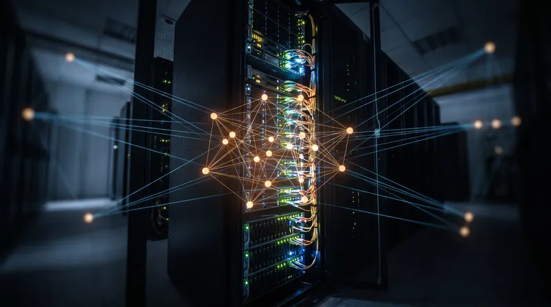 A glowing digital network graph superimposed over a dark, illuminated data center server rack.