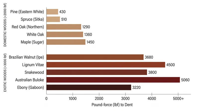 Exotic hardwoods offer significantly higher dent resistance than domestic species, but at the cost of workability.