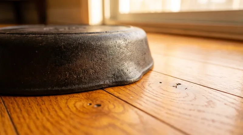 A close-up of a heavy cast-iron skillet resting on a polished hardwood floor plank.