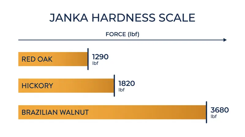 The Janka scale measures the pounds-force required to embed a steel ball halfway into the wood.