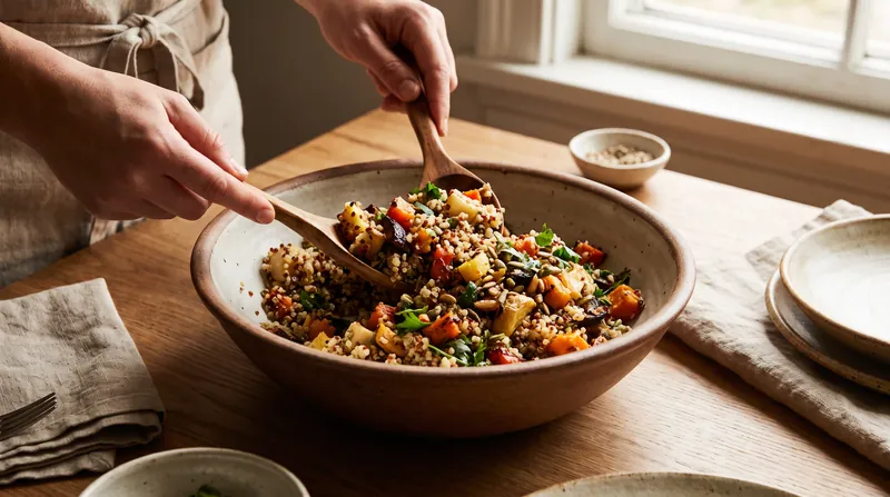 Swapping refined carbohydrates for minimally processed alternatives like quinoa or farro can help diners reach the 100-gram target.