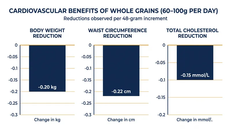 Every 48-gram daily increment of whole grains is associated with measurable reductions in body weight and waist circumference.