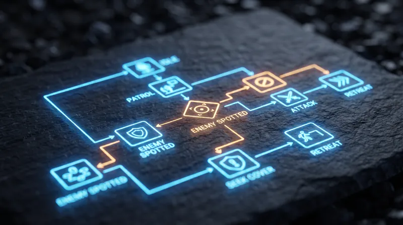 A glowing digital flowchart with neon blue and amber nodes projected onto a dark textured surface.