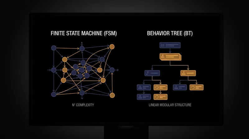 Unlike Finite State Machines, Behavior Trees allow developers to add new logic branches without rewiring existing transitions.