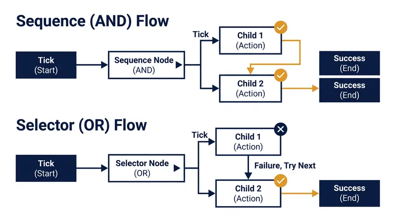 Sequence nodes require all children to succeed, while Selector nodes stop evaluating as soon as one child succeeds.