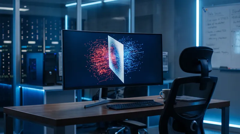 A computer monitor in a dark laboratory displaying a 3D scatter plot where a glowing plane separates red and blue data points.