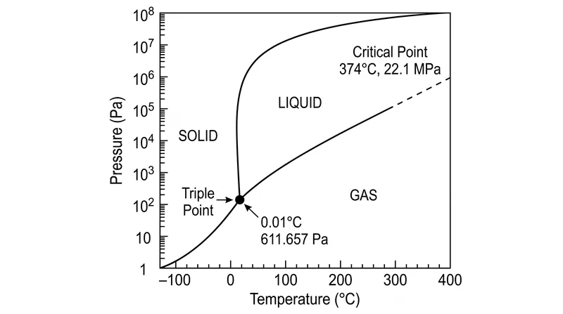 The phase diagram illustrates how the solid, liquid, and gas states converge at exactly one coordinate.