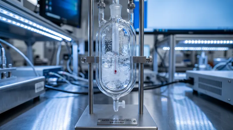 A sealed glass laboratory vial containing pure water simultaneously in solid, liquid, and gaseous states.
