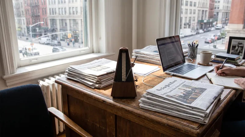 A vintage wooden metronome sitting on a desk next to handwritten notes and a pen.