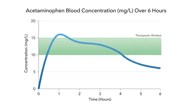 Acetaminophen metabolizes over four to six hours, requiring strict adherence to dosing intervals.