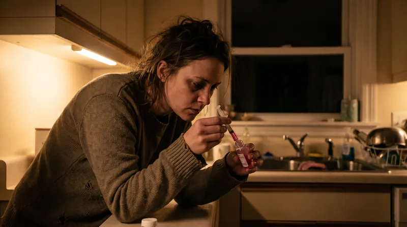 A parent in a dark kitchen carefully drawing pink liquid medicine into a plastic syringe.