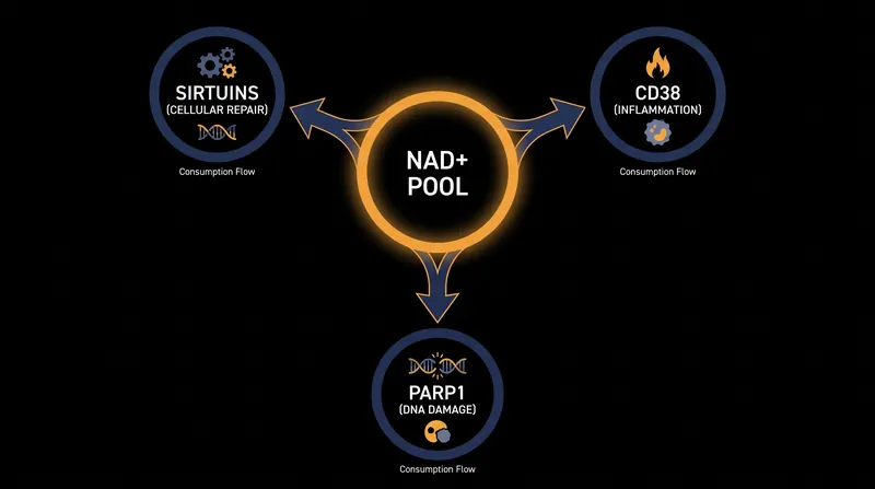 The cellular NAD+ pool is finite and must be shared among three major enzyme families.
