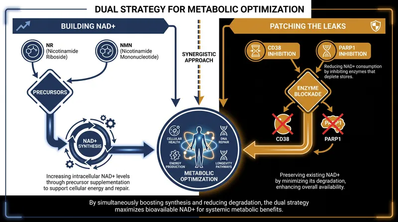 Effective metabolic optimization requires both supplying NAD+ precursors and inhibiting the overactive consumption pathways.
