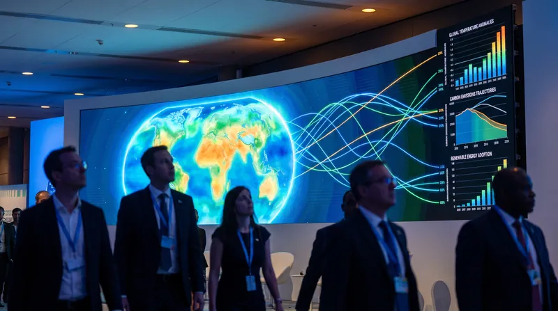 A large digital display at a climate conference showing complex data visualizations and trajectory lines.