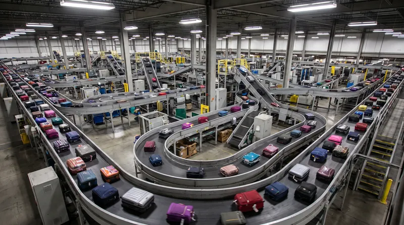 A complex network of conveyor belts carrying various suitcases through a large industrial airport baggage sorting facility.