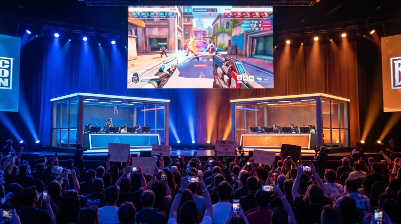 A massive crowd of esports fans cheering inside a brightly lit arena during a professional gaming tournament.