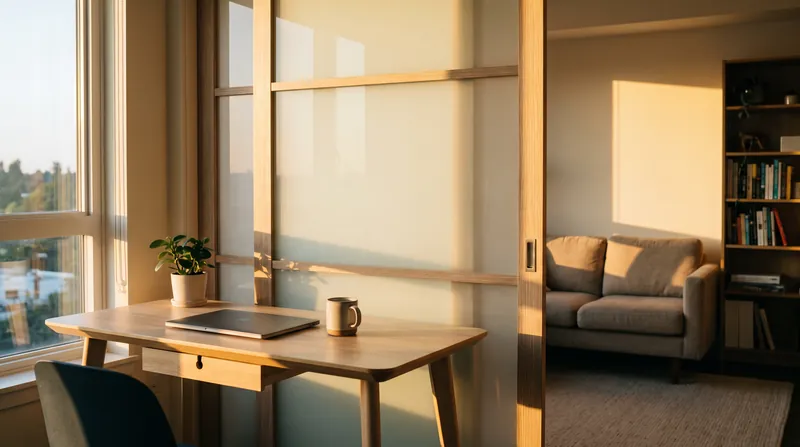 A clean home office desk with a closed laptop, separated from a living area by a door.
