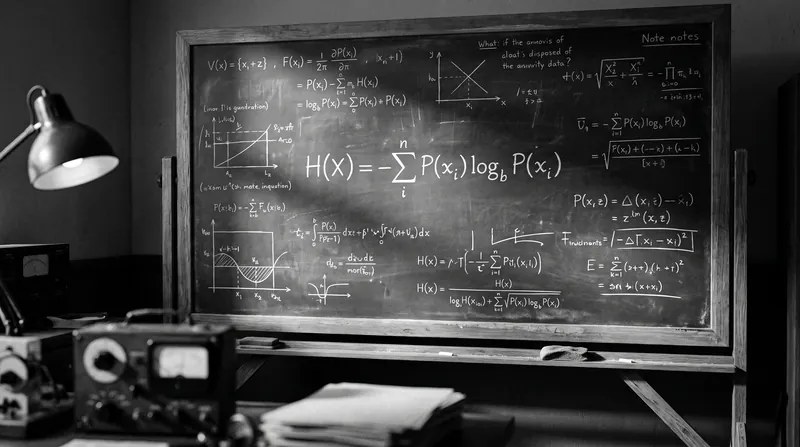 A chalkboard displaying the Shannon entropy mathematical formula written in white chalk.