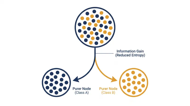 Machine learning models use entropy to measure uncertainty, splitting data to maximize information gain.