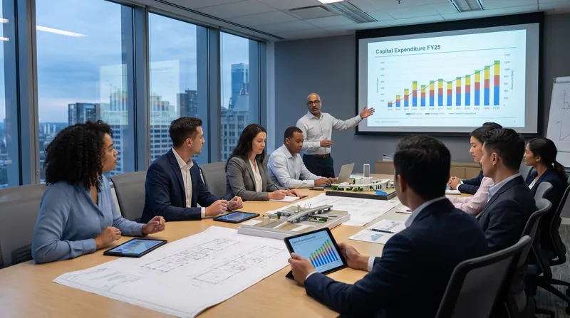 A modern corporate boardroom table with architectural blueprints, financial models, and a tablet displaying dynamic data charts.