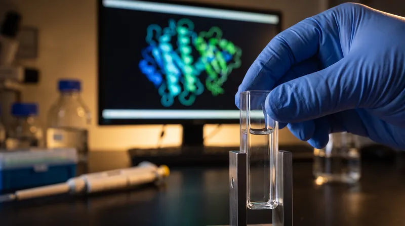 A laboratory setting with a glowing blue protein structure model on a computer screen and a researcher adjusting a glass cuvette.