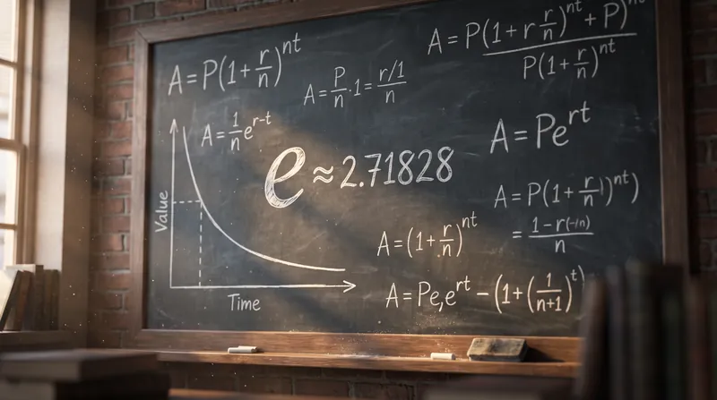 A dark slate chalkboard featuring the mathematical constant e and continuous compounding formulas written in white chalk.