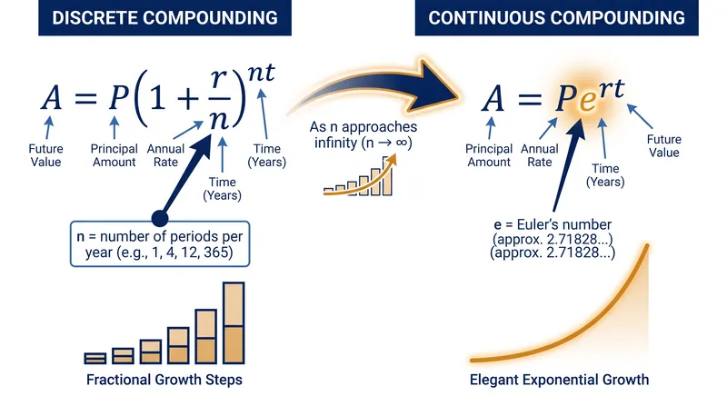 Continuous compounding replaces the discrete period variable with Euler's number.