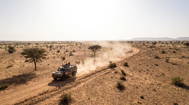 A military patrol vehicle driving on a dusty road through a dry, semi-arid landscape.