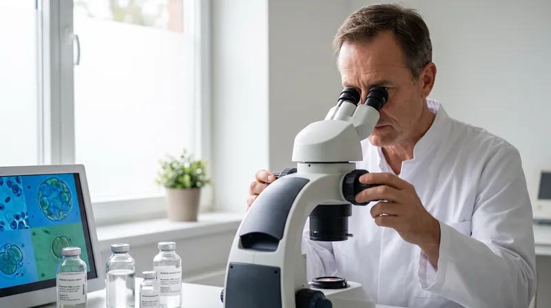 A medical professional in a white lab coat looks through a binocular microscope in a brightly lit laboratory.