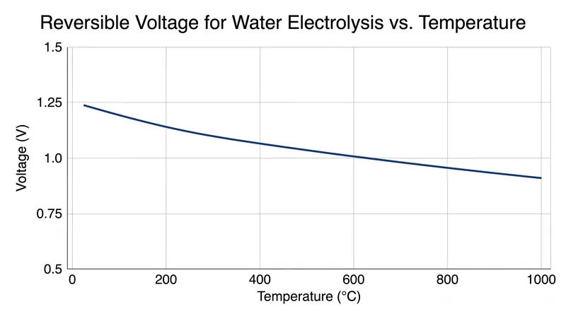 As temperature increases, the electrical energy required to split water decreases, shifting the burden to thermal energy.