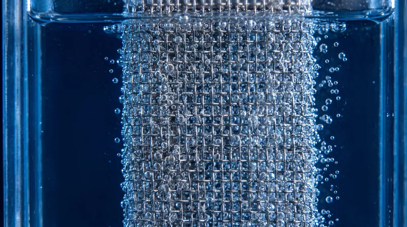 Close-up view of hydrogen and oxygen gas bubbles forming on metallic electrodes submerged in water.