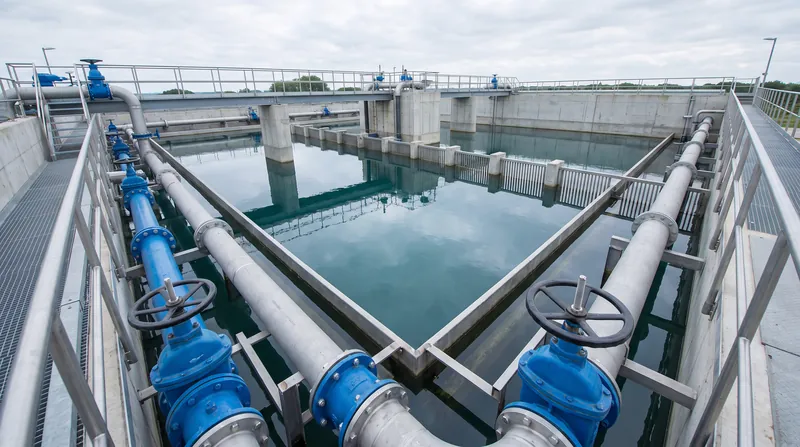 Concrete contact basins and industrial piping at a modern municipal water treatment facility under natural daylight.