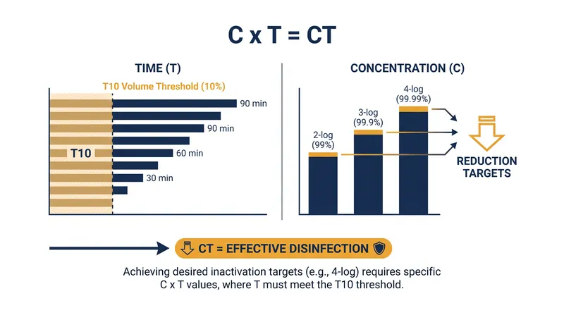 The CT framework calculates disinfection efficacy by multiplying chemical concentration by the effective contact time.