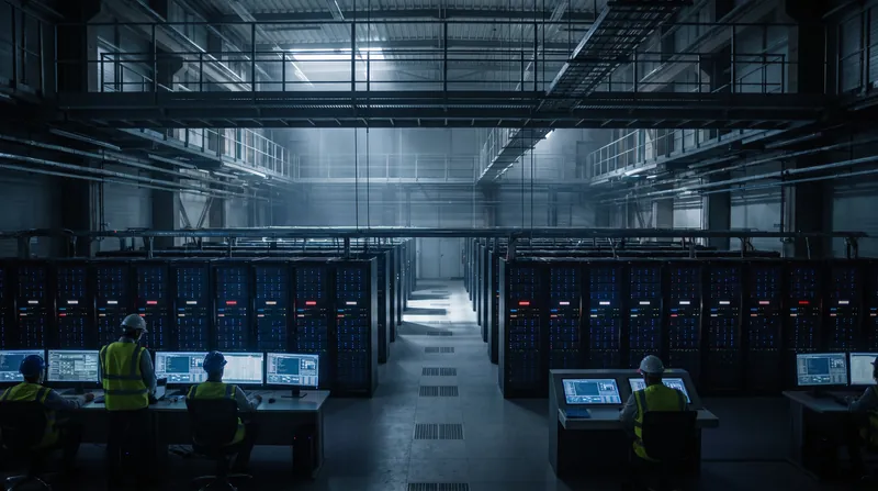A large industrial control room with glowing screens and servers representing critical national infrastructure.