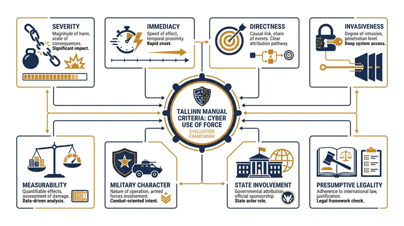 The eight factors states use to evaluate whether a cyber operation constitutes a use of force.