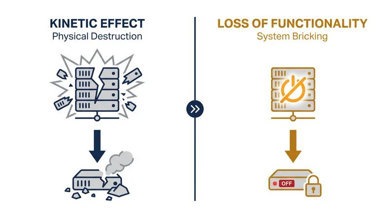 The legal debate centers on whether permanently disabling a system equates to physically destroying it.