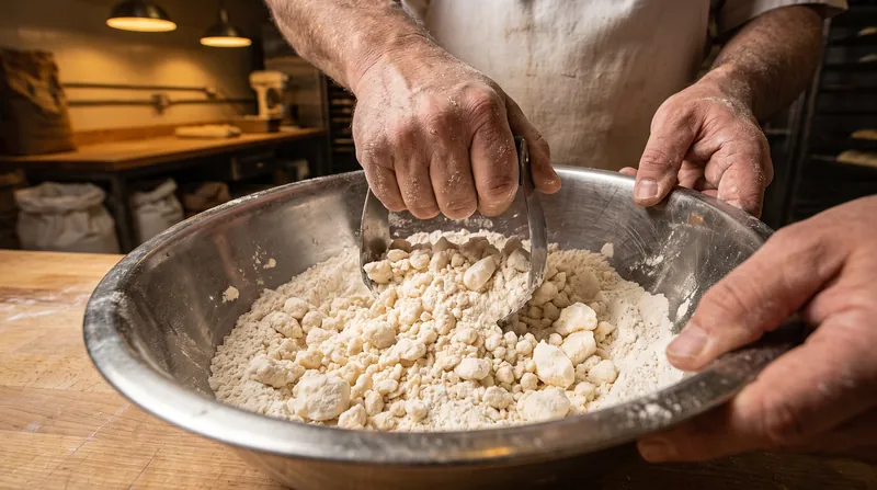 Close-up of a baker's hands mixing solid white shortening into dry flour inside a metal bowl.
