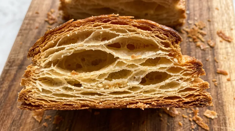 Continuous layers of beta-prime fat melt during baking to create the distinct flakiness of laminated dough.