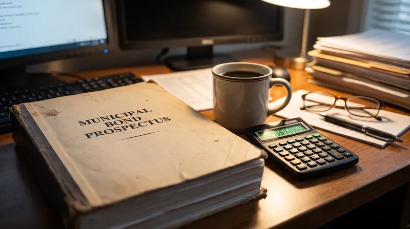 A printed financial prospectus sits on a desk next to a calculator and a cup of coffee.
