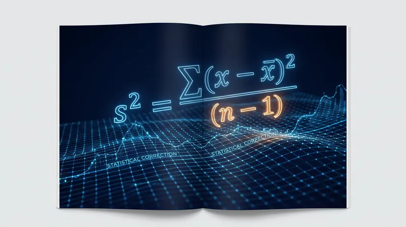 An illustration of a mathematical formula featuring a glowing n-1 denominator over a dark background.