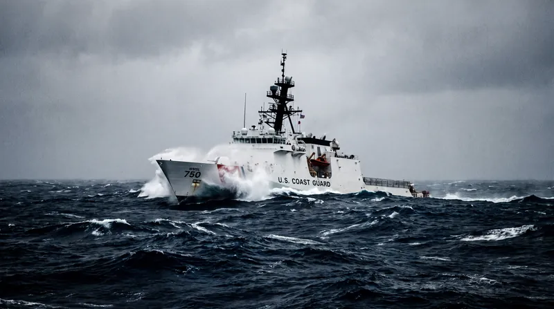 A United States Coast Guard cutter vessel navigating through ocean waters.